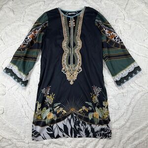 Baroque Embroidered Kurti Tunic Black Green Medium Boho Ethnic Festival Bohemian